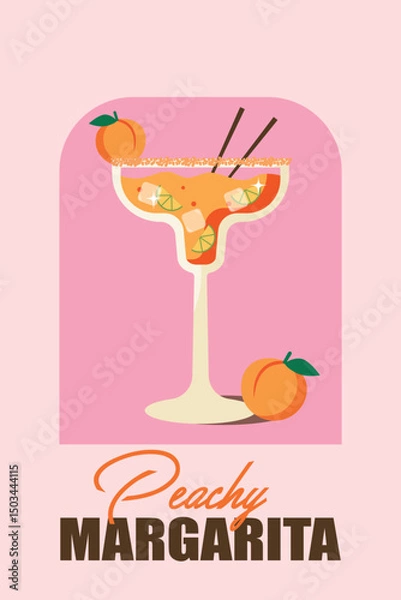Fototapeta refreshing peach margarita cocktail with lime and ice in modern retro glass illustration for summer drinks menu, bar poster, party invitation or fruit cocktail advertisement on pink background