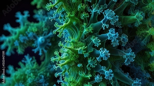 Fototapeta Macro Organic Texture of Freeze-Dried Algae, Fractal Cluster Pattern, Blue Green
