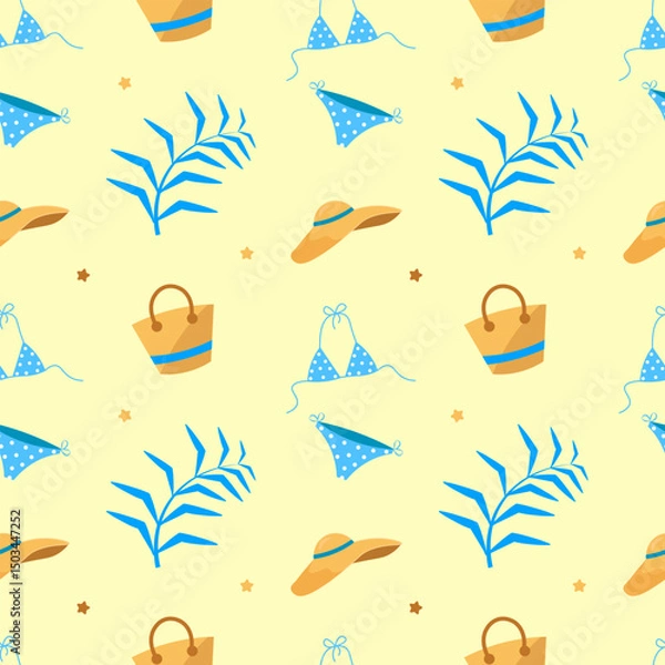 Fototapeta Seamless pattern with swimsuit, hat and palm leaves on a yellow background