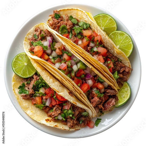 Fototapeta Delicious Tacos with Beef, Fresh Salsa, and Lime Wedges Served Hot Isolated on a Transparent Background
