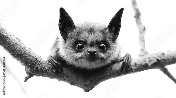 Obraz Adorable Bat on Branch: A Black and White Portrait