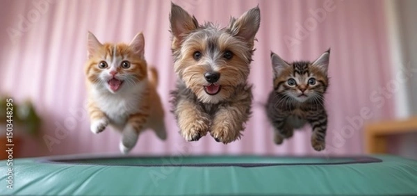 Obraz Adorable Pets in Mid-Air: A Yorkshire Terrier and Two Kittens Leap Joyfully