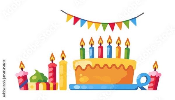 Fototapeta Birthday-Cake-Celebration-Vector-Illustration-Festive-Candles-Bunting-Banner-Party-Decorations-Colorful-Celebration-Design-Cheerful-Birthday-Theme