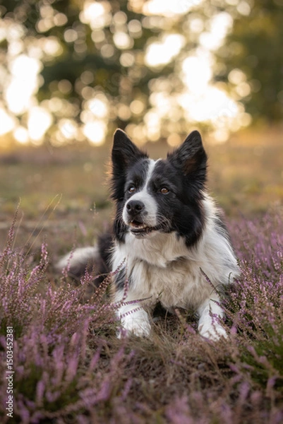 Fototapeta Vertical Portrait of Black and White Border Collie Dog in Ping Heather Flowers with Bokeh Background. Adorable Pet Lies Down in Meadow in Nature.