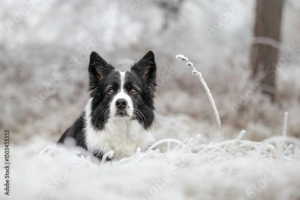 Fototapeta Shallow Depth of Field of Black and White Furry Dog in Frosty Nature in Winter Season. Portrait of Attentive Border Collie Outside in Cold Weather.