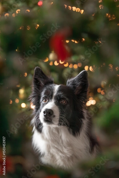 Fototapeta Vertical Portrait of Border Collie with Cute Look during Christmas Season. Shallow Depth of Field of Adorable Furry Black and White Dog.