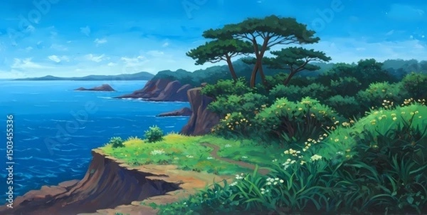 Fototapeta Peaceful coastal landscape featuring a grassy cliff, windswept pine, and distant shoreline under a clear blue sky