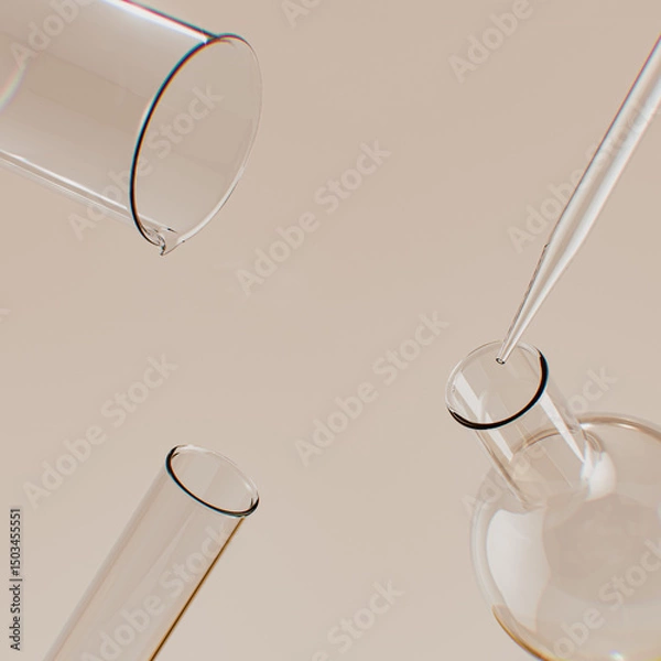 Fototapeta Laboratory glassware medical background. 3d rendering lab research equipment, cosmetic testing abstract concept