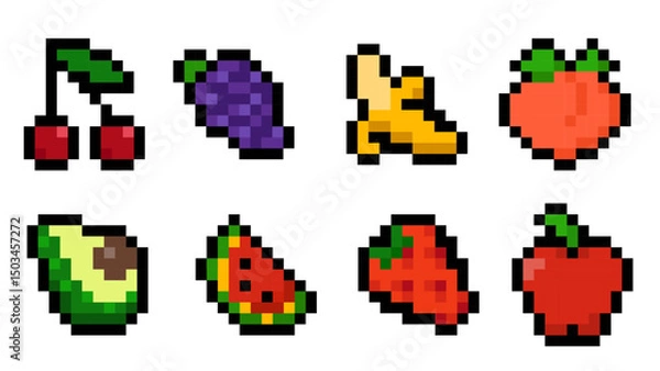 Obraz Colorful vector illustration set of 8 pixelated fruits in retro 8-bit style, including cherry, grapes, banana, peach, avocado, watermelon, strawberry, and apple. Ideal for games, mobile apps, and