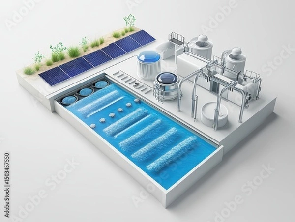 Obraz 3D visualization of a solar-powered coastal desalination unit, showing evaporation chambers, condensation mechanics, and clean water output flow, cutaway view on white.