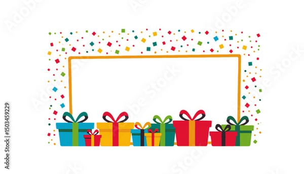 Fototapeta Colorful-Gift-Boxes-Border-Frame-With-Confetti-Vector-Background-for-Holiday-Birthday-Christmas-Celebrations-Use-for-Invitations-Cards-and-Websites