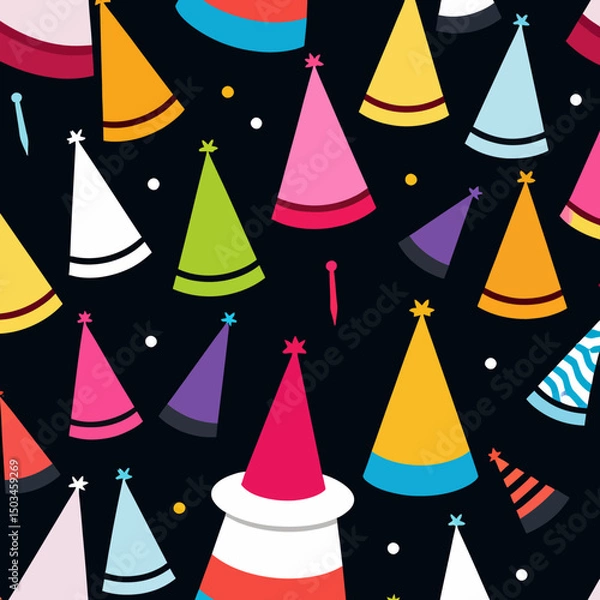Fototapeta Colorful-Party-Hats-Seamless-Pattern-Festive-Background-with-Bright-Birthday-Caps-Celebration-Wallpaper-for-Kids-Party-Decorations-and-Fun-Event-Themes