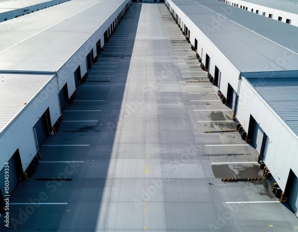 Fototapeta Aerial view of industrial warehouse with loading docks and clear pathway