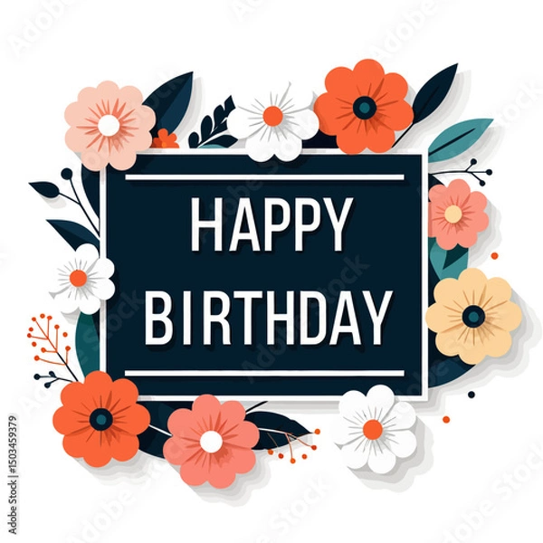 Fototapeta Happy-Birthday-Floral-Design-Elegant-Celebration-Greeting-Card-Vector-Artwork-with-Colorful-Flowers-and-Stylish-Typography-for-Birthday-Wishes-and-Invitations