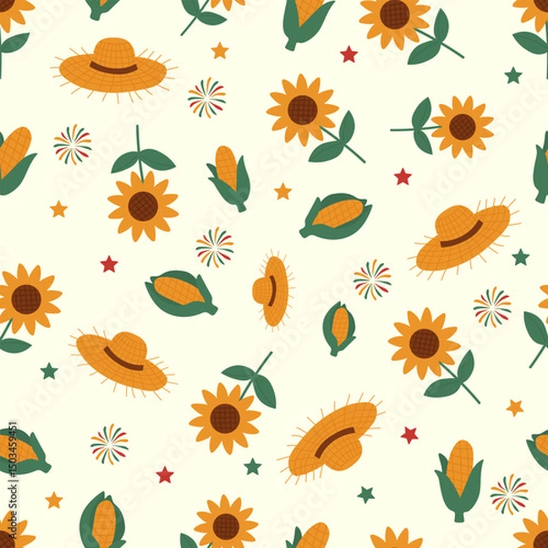 Fototapeta Seamless pattern with sunflowers, corn cobs, straw hats and festive fireworks. A cheerful rural-themed design for autumn festivals, harvest celebrations or farm-style packaging