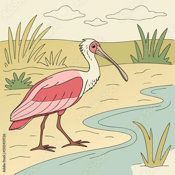 Obraz Elegant vector illustration of a roseate spoonbill, showcasing its vibrant pink plumage and distinctive spoon-shaped bill in a graceful pose.