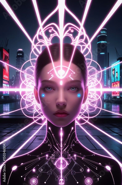 Fototapeta Digital artwork of a futuristic woman with symmetrical neon headpiece and glowing facial designs, set against a cyberpunk city backdrop at night.