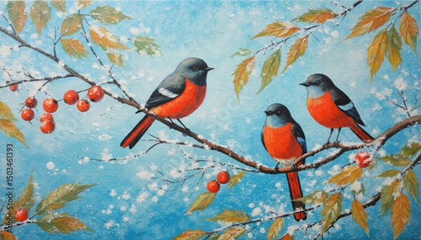 Fototapeta Colorful painting of three bullfinches with red bellies sitting on a branch, surrounded by a soft blue sky.  