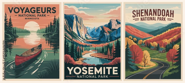 Fototapeta A collection of posters featuring various national parks and mountain ranges. The postcards are arranged in a grid and include Yosemite, Shenandoah, Voyageurs. Vector art illustrations