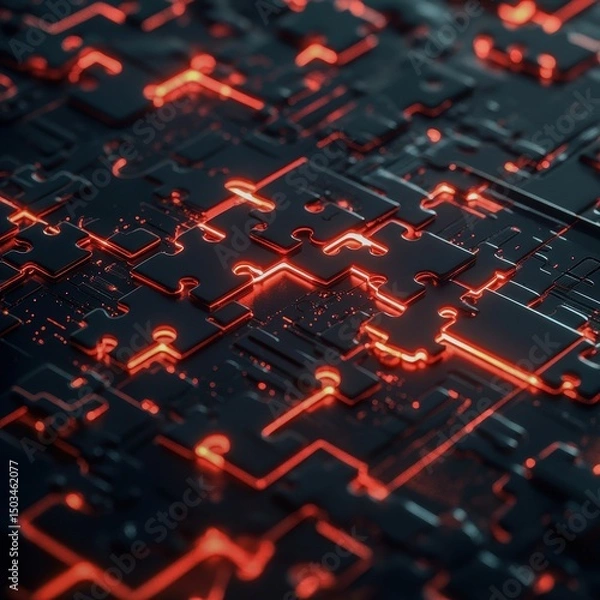 Fototapeta A digital puzzle with glowing pieces coming together in a dark space Focus on the puzzle pieces