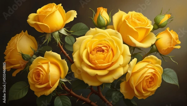 Fototapeta Elegant close-up of fully bloomed yellow roses surrounded by buds and leaves, highlighted by soft light against a dark neutral background.