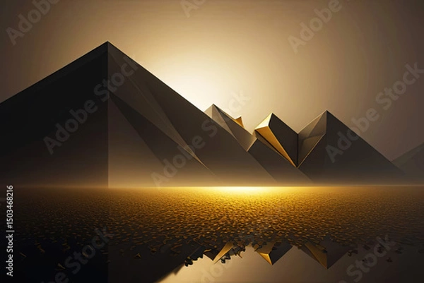 Fototapeta Futuristic digital illustration of golden pyramids in a surreal desert landscape. Warm golden lighting, dramatic shadows, and abstract geometry create a mystical, cinematic atmosphere