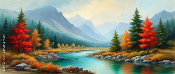 Fototapeta A calm autumn scene with a flowing river, snow-capped mountains and trees under a soft, cloudy sky in a quiet valley.  