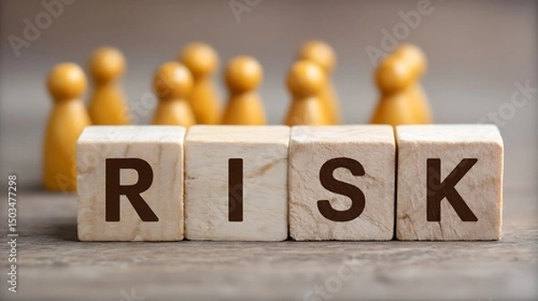 Fototapeta Wooden blocks with the word Risk and a team with a leader. Business concept teamwork, Financial Crisis, Economic, Business risk management concept. Business planning. Risk assessment. Forecast
