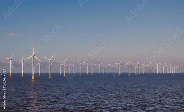 Obraz Long line of wind turbines are in the water. The wind turbines are in the water and are very tall