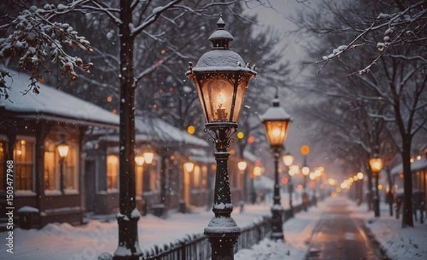 Fototapeta Street scene with a lamp post lit up in the snow. The street is empty and quiet, with only a few people walking by. The snow-covered ground and the warm light from the lamp post create a cozy and
