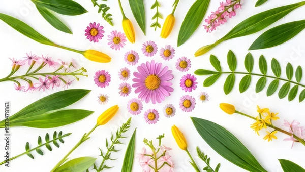Fototapeta Bright mandala-style composition made of green leaves, yellow buds, and pink flowers, arranged symmetrically on a white background.
