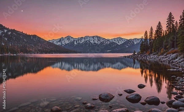 Obraz Beautiful lake with mountains in the background. The sky is orange and pink, creating a serene and peaceful atmosphere
