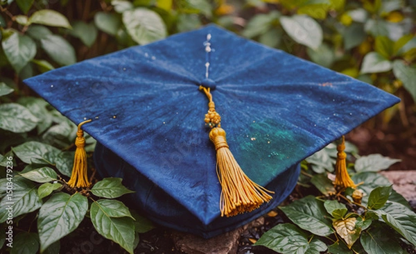 Obraz Blue cap with yellow trim sits on a leafy green bush. The cap is a graduation cap and has a yellow tassel