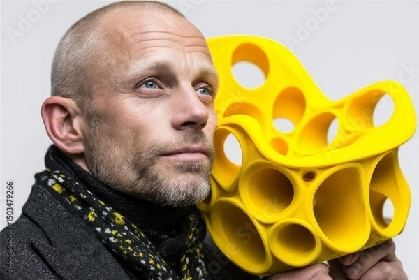 Fototapeta A man with a beard holding a vibrant yellow 3D printed object showcasing modern design and inn