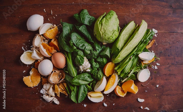 Obraz Pile of food including vegetables, an egg, and orange peels. The pile of food is on a wooden table