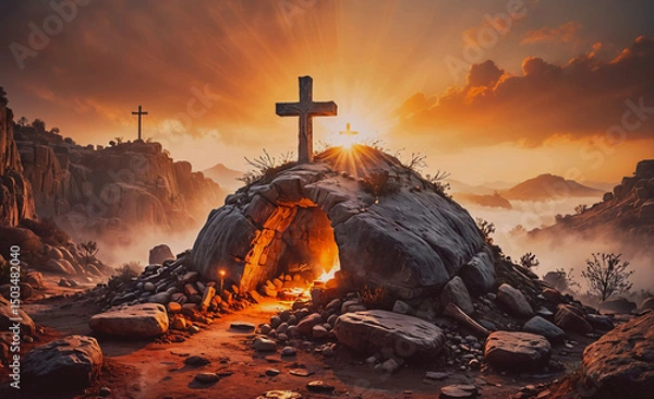 Obraz Cross is on top of a rock structure in a rocky area. The sun is shining on the cross, creating a warm and peaceful atmosphere