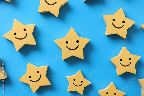 Fototapeta Cheerful Yellow Star Shapes with Happy Faces Patterned on Bright Blue Background