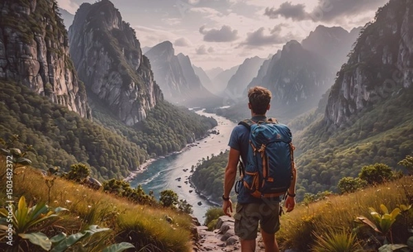 Obraz Man is hiking in the mountains with a backpack on his back. The mountains are covered in trees and the river is flowing through the valley. The man is looking out over the landscape, taking in the