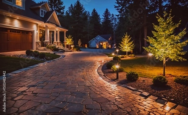 Obraz House with a driveway and walkway lit up at night. The walkway has lights on the trees and the driveway
