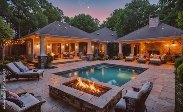 Obraz Large house with a pool and a fireplace. The pool is surrounded by chairs and the fireplace is lit. Scene is warm and inviting