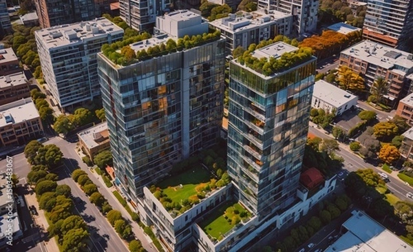 Obraz City view of two tall buildings with a green roof. The buildings are surrounded by trees and the sky is clear