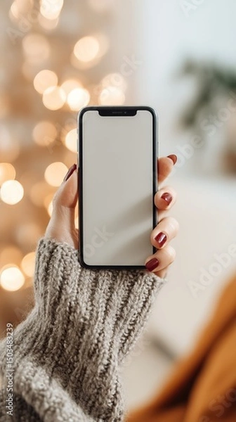 Obraz A woman holding a smartphone with a blank screen against a blurred background of bokeh lights