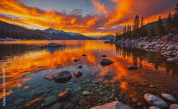 Obraz Beautiful lake with a sunset in the background. The water is calm and the sky is orange