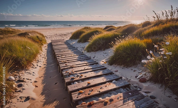 Obraz Wooden boardwalk leads to the beach. The boardwalk is lined with tall grass and rocks. The beach is calm and peaceful, with the sun shining brightly in the sky
