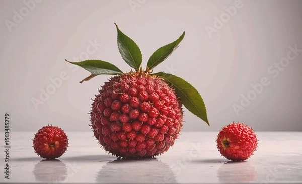 Obraz Red fruit with a leaf on top is placed on a table next to two other red fruits. Concept of abundance and freshness, as the fruits are ripe and ready to be eaten