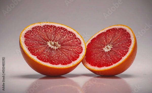 Obraz Two oranges are cut in half, one of which is red. The other half is white. Concept of freshness and health, as oranges are a nutritious fruit