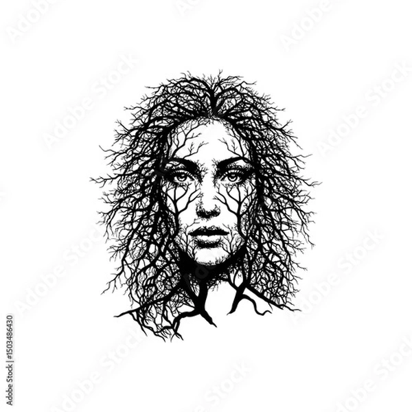 Obraz woman Bare tree face, Optical illusion, bare tree face woman silhouette vector illustration