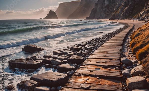 Obraz Beach with a wooden boardwalk and rocks. The beach is calm and peaceful. The rocks are scattered along the shoreline, and the water is calm. The scene is serene and relaxing