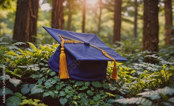 Obraz Blue cap and gown with yellow trim sits on a bed of green leaves. The cap and gown are open, revealing the graduation cap. Concept of accomplishment and pride, as the graduate is about to receive