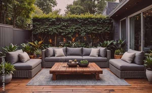 Obraz Patio with a wooden table and a couch with pillows. There are potted plants around the patio